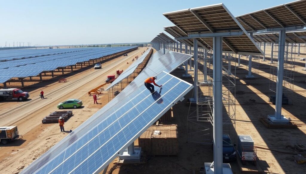 Baustelle einer Megawatt Anlage mit Montage der Solarmodule