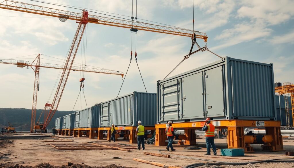 Baustelle eines Megawatt Projekts mit Kränen und teilweise installierten Komponenten