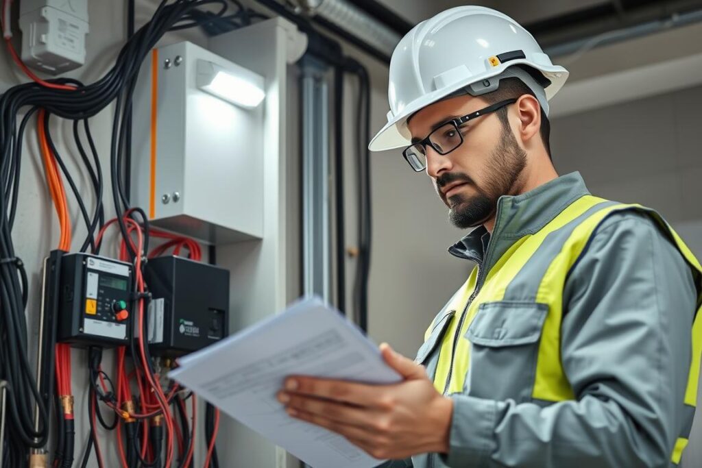 Elektromeister bei der Prüfung einer Photovoltaikanlage für die EVU-Anmeldung