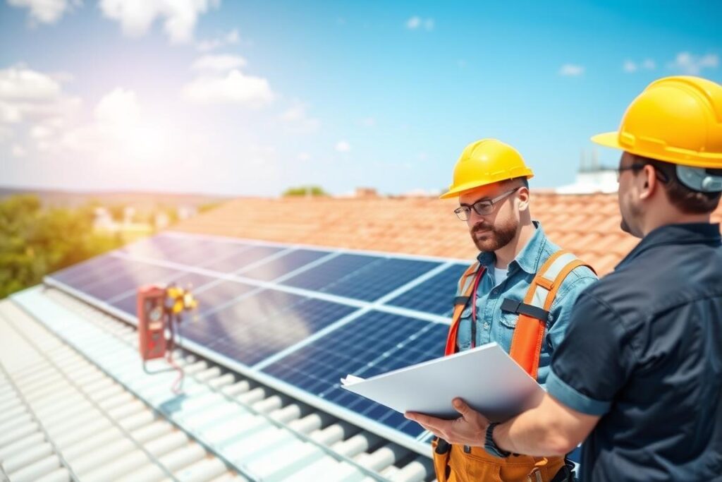 Elektromeister bei der Überprüfung einer PV-Anlage vor der Anmeldung