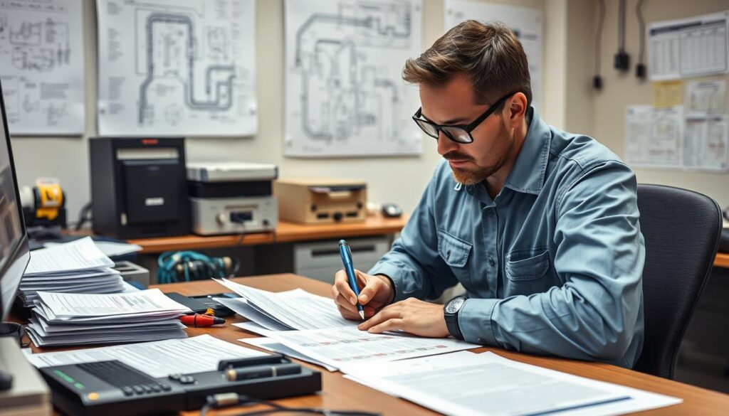 Elektromeister füllt EVU-Anmeldeformulare für verschiedene Anlagentypen aus