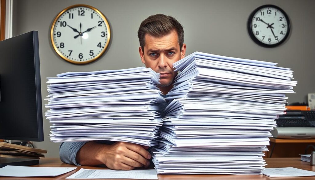 Frustrierter Installateur vor einem Stapel EVU-Anmeldungsformulare