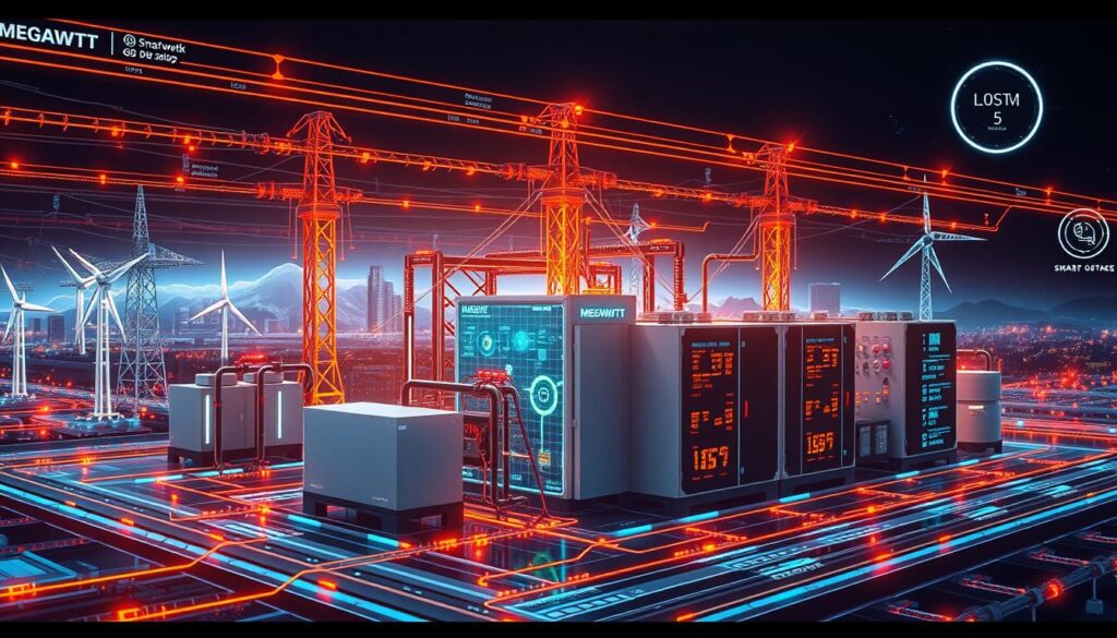 Futuristische Visualisierung eines integrierten Energiesystems mit verschiedenen Megawatt-Komponenten