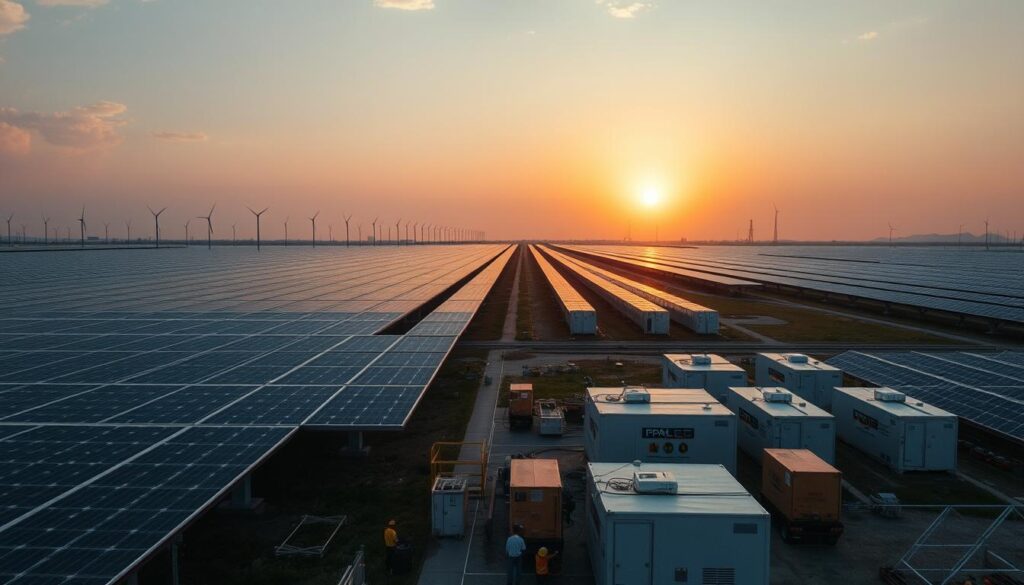 Großes Megawatt Projekt mit Solarmodulen und Batteriespeichern in der Abendsonne