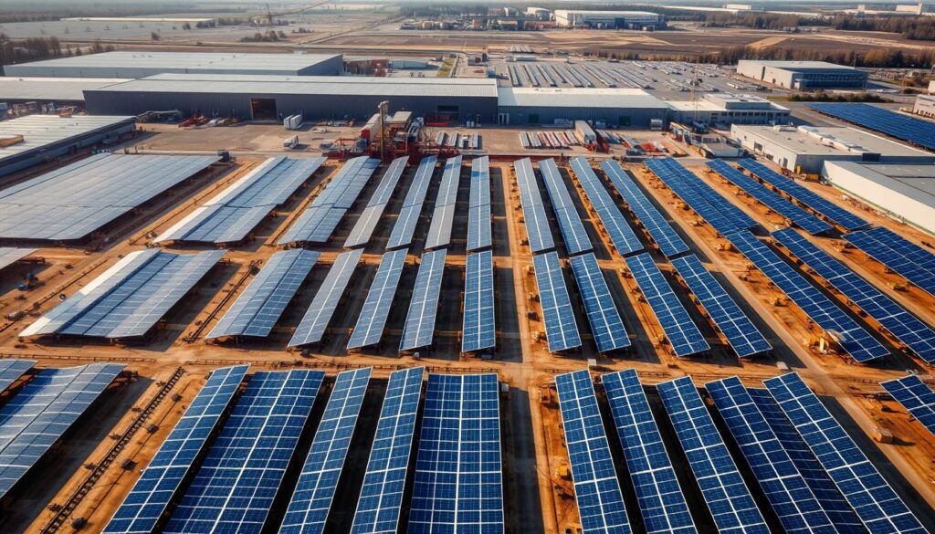 Großflächige Megawatt Anlage mit Solarmodulen auf Industriegelände