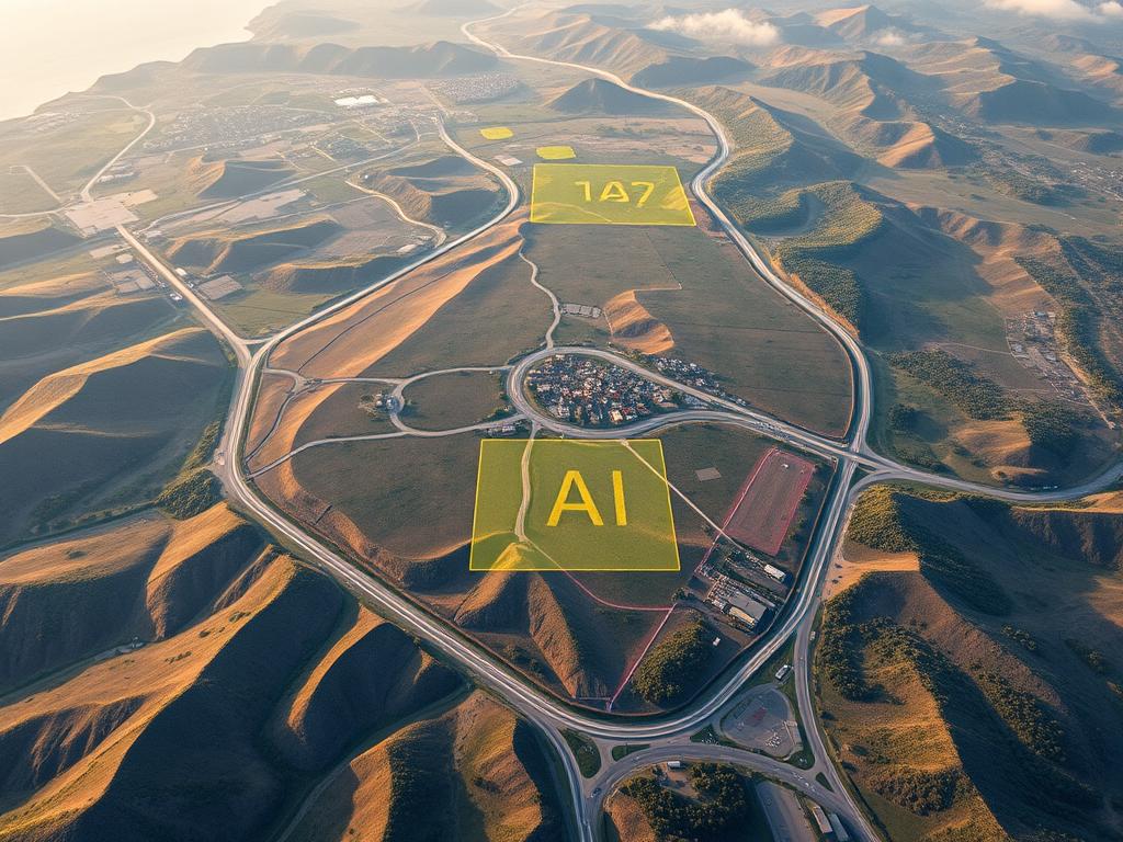 Luftaufnahme einer potenziellen Standortauswahl für ein Megawatt Projekt mit markierten Bereichen