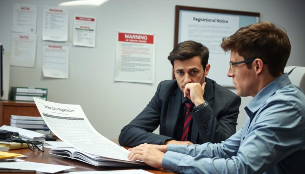 Person am Schreibtisch mit Dokumenten zur Anmeldung vergessen Förderung Bußgeld vermeiden