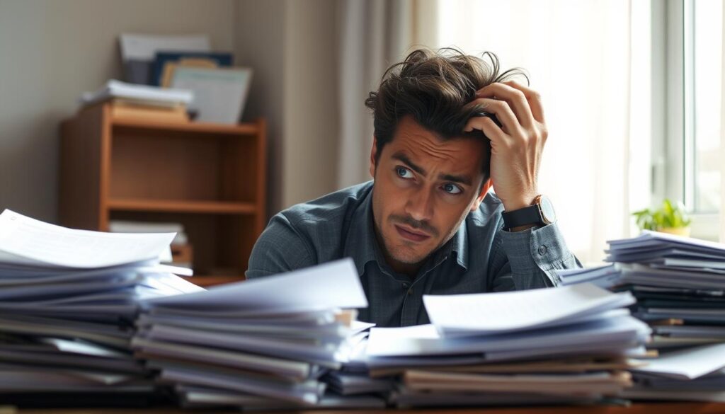 Person mit frustriertem Gesichtsausdruck vor Papierstapel mit EVU-Anmeldeformularen