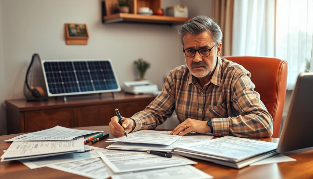 Person verwirrt vor Formularen zur Anmeldung einer Solaranlage