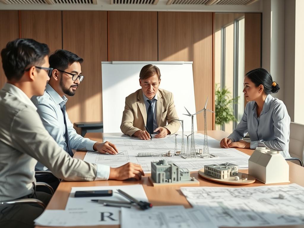 Planungsteam bespricht Megawatt Anlagen Projekt mit technischen Zeichnungen