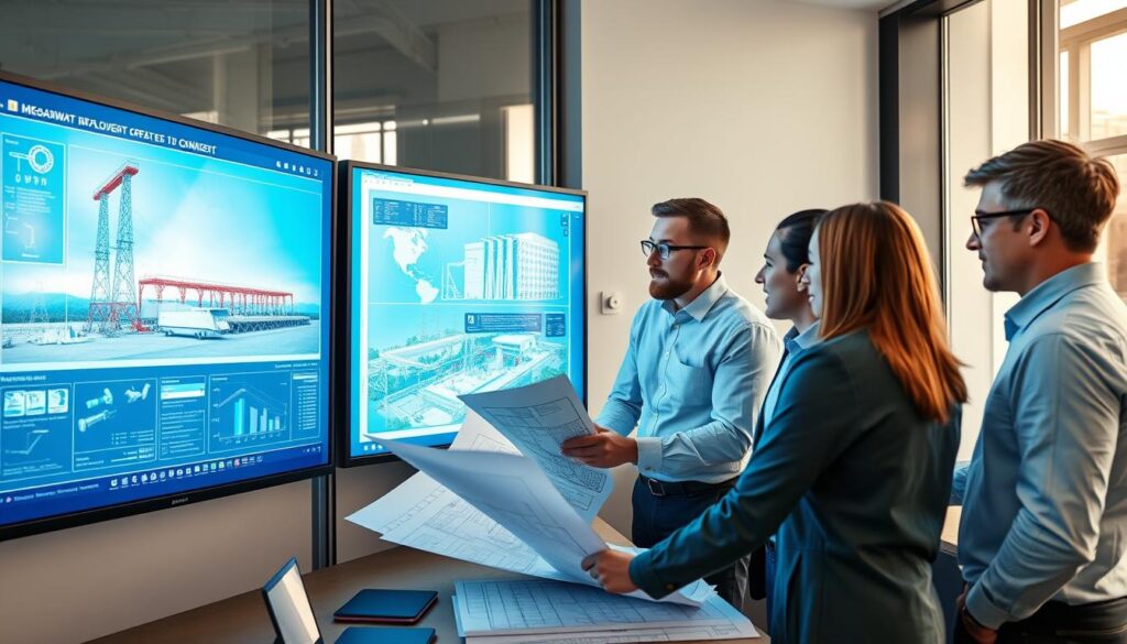 Projektteam bei der Planung eines Megawatt Projekts mit Bauplänen und digitalen Modellen