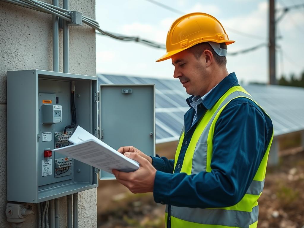 Techniker des Netzbetreibers bei der Prüfung einer Solaranlagen-Anmeldung und des Netzanschlusses