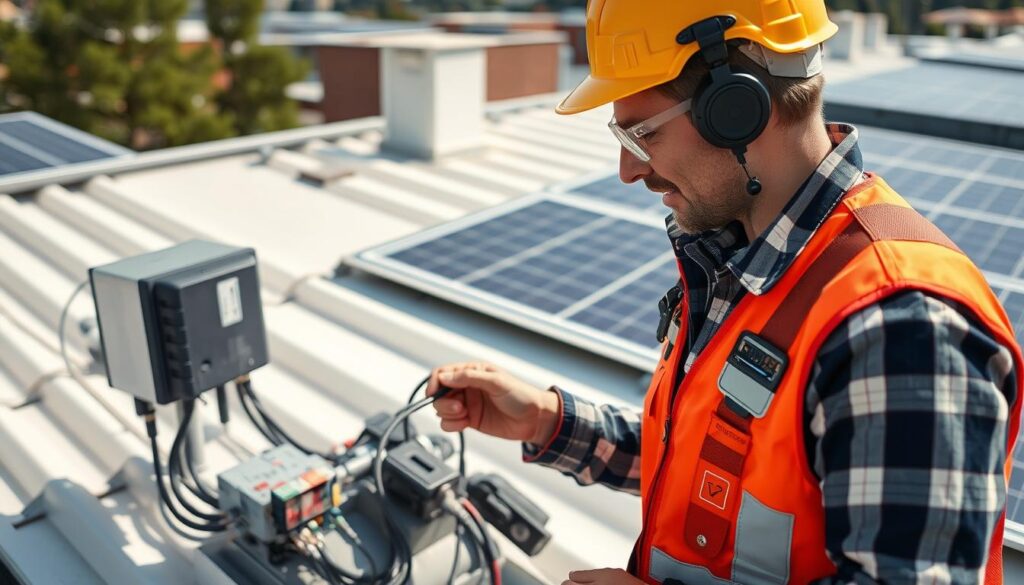 Techniker überprüft Sicherheitsaspekte einer Solaranlage