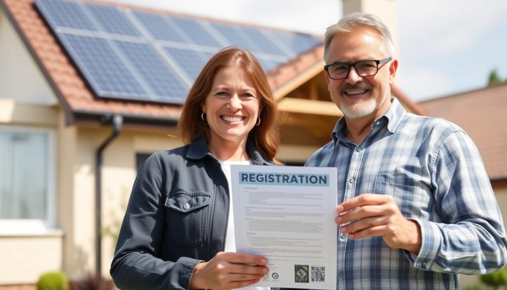Zufriedener Hausbesitzer mit erfolgreich angemeldeter Solaranlage