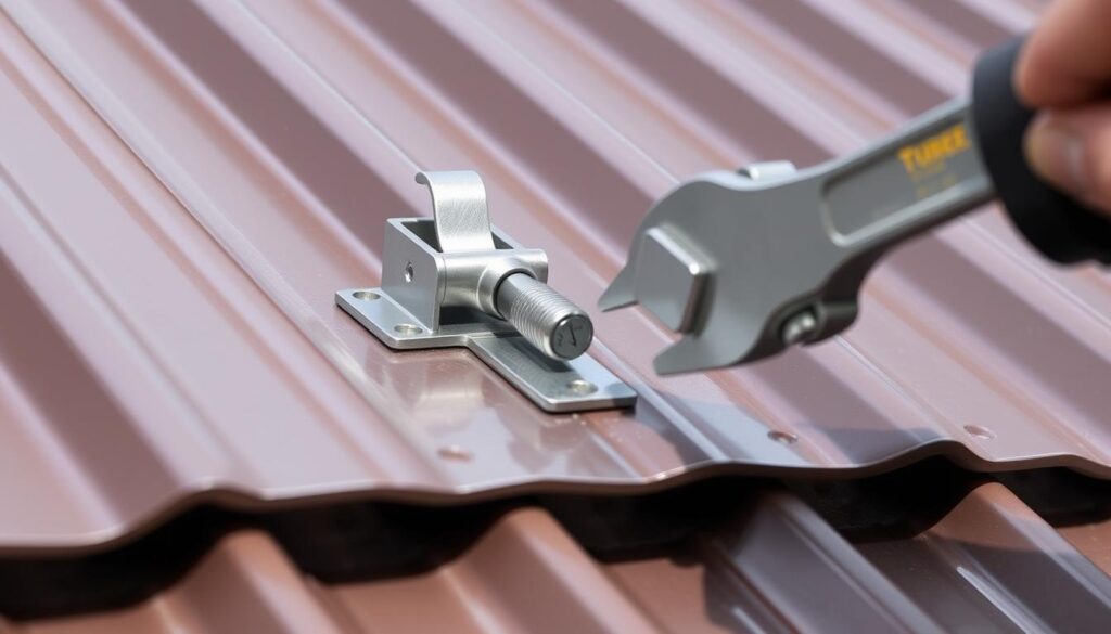 Befestigung von Stehfalzklemmen auf einem Metalldach für die PV-Unterkonstruktion