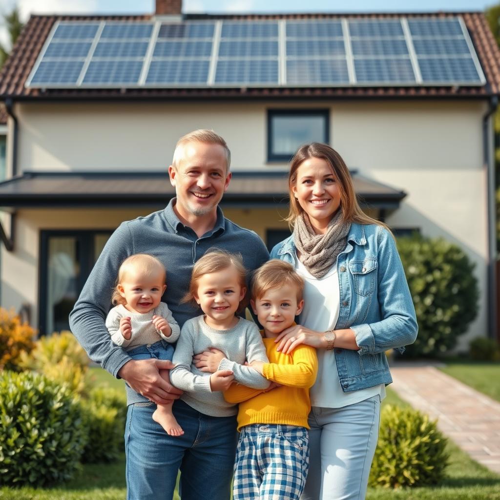 Familie vor ihrem Haus mit professionell installierter PV-Anlage