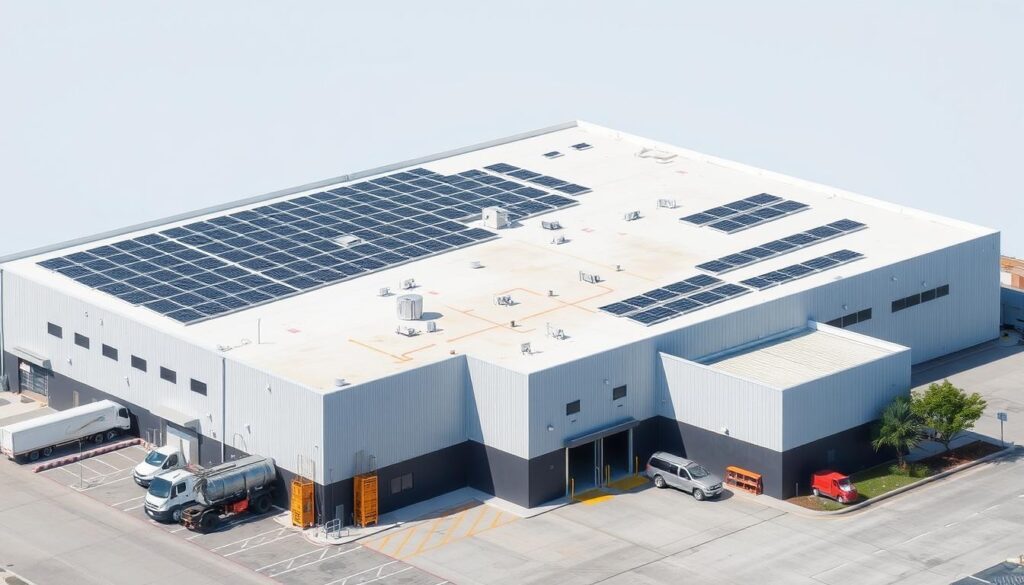 Gewerbebetrieb mit großer Photovoltaikanlage auf dem Flachdach
