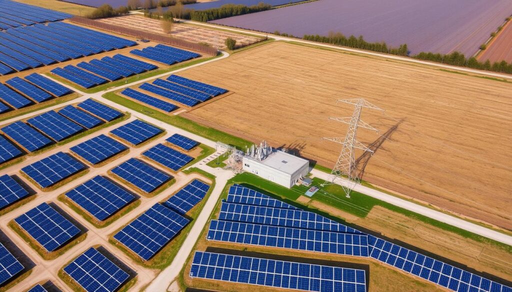 Große PV-Anlage mit Netzanschlusskomponenten und Umspannwerk