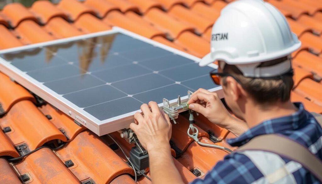 Inspektion einer PV-Unterkonstruktion auf einem Ziegeldach