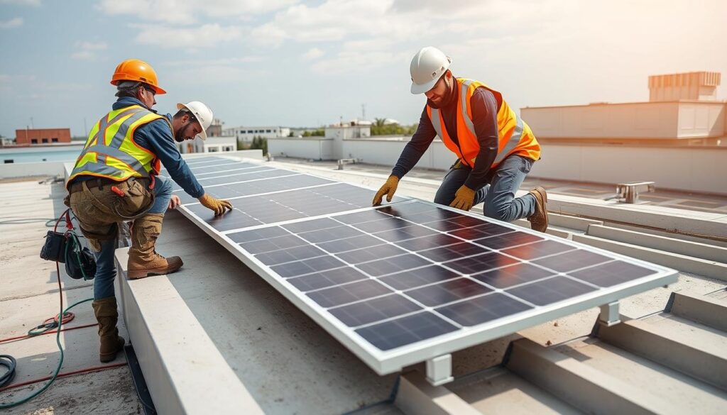 Installation eines Flachdach-Montagesystems mit vormontierten Komponenten für schnelle Montage