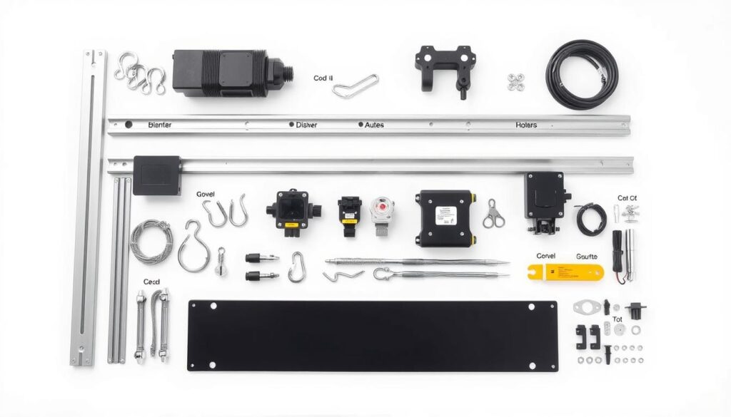 Komplett-Set für PV-Unterkonstruktion mit allen Komponenten übersichtlich angeordnet