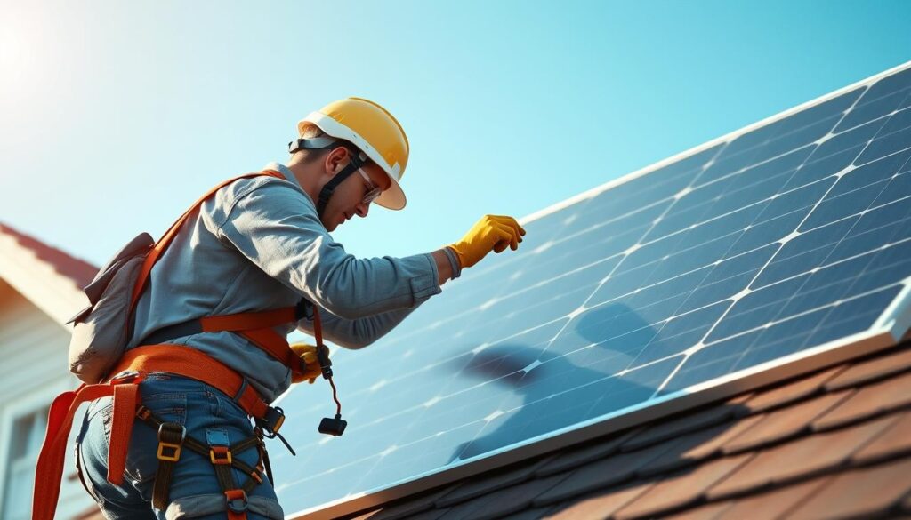 Montage von Solarmodulen auf einem Hausdach durch eine Person mit Sicherheitsausrüstung
