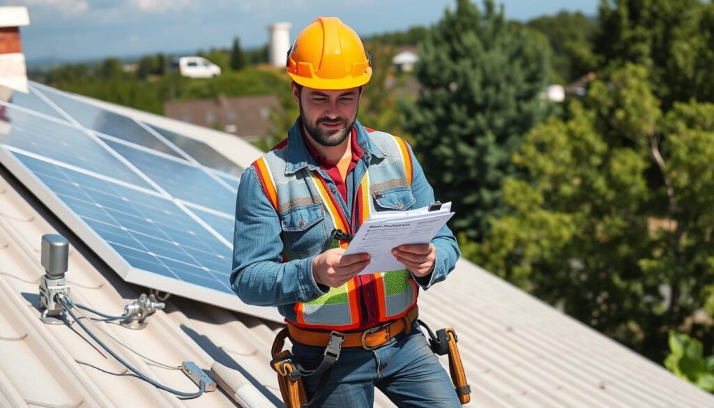 Monteur mit Checkliste bei der Installation einer PV-Unterkonstruktion