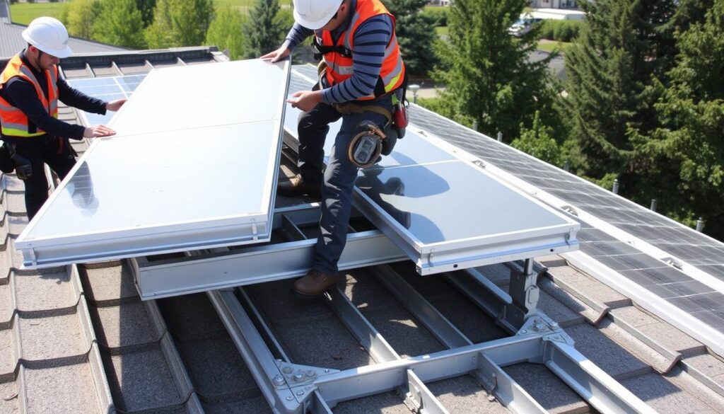 Monteure bei der Installation einer PV-Unterkonstruktion auf einem Dach