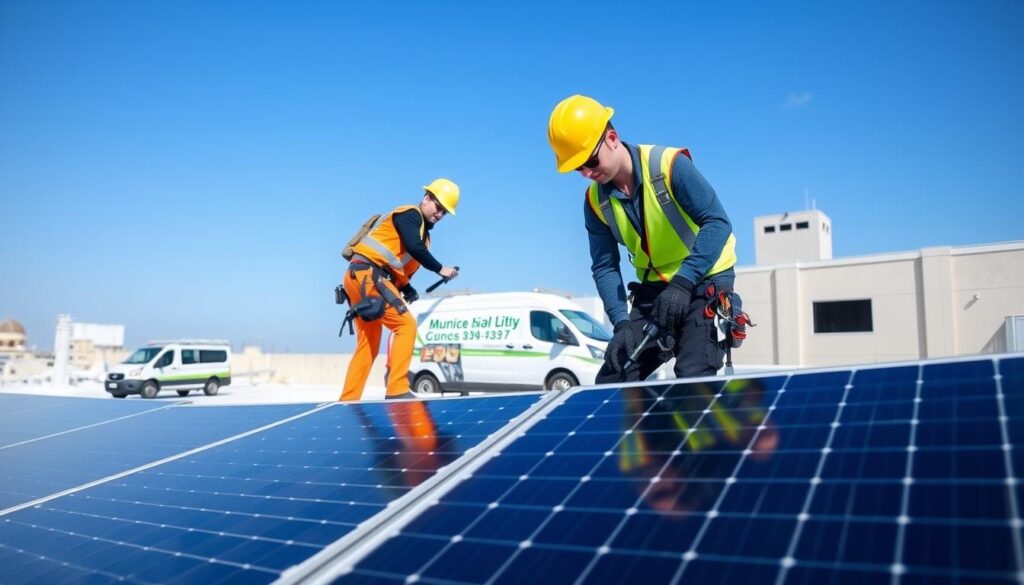 Monteure bei der Installation einer Photovoltaikanlage auf einem Dach