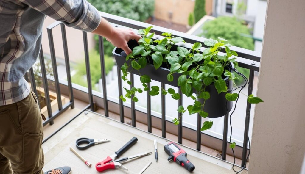 Person installiert selbstständig ein Balkonkraftwerk an einem Balkongeländer
