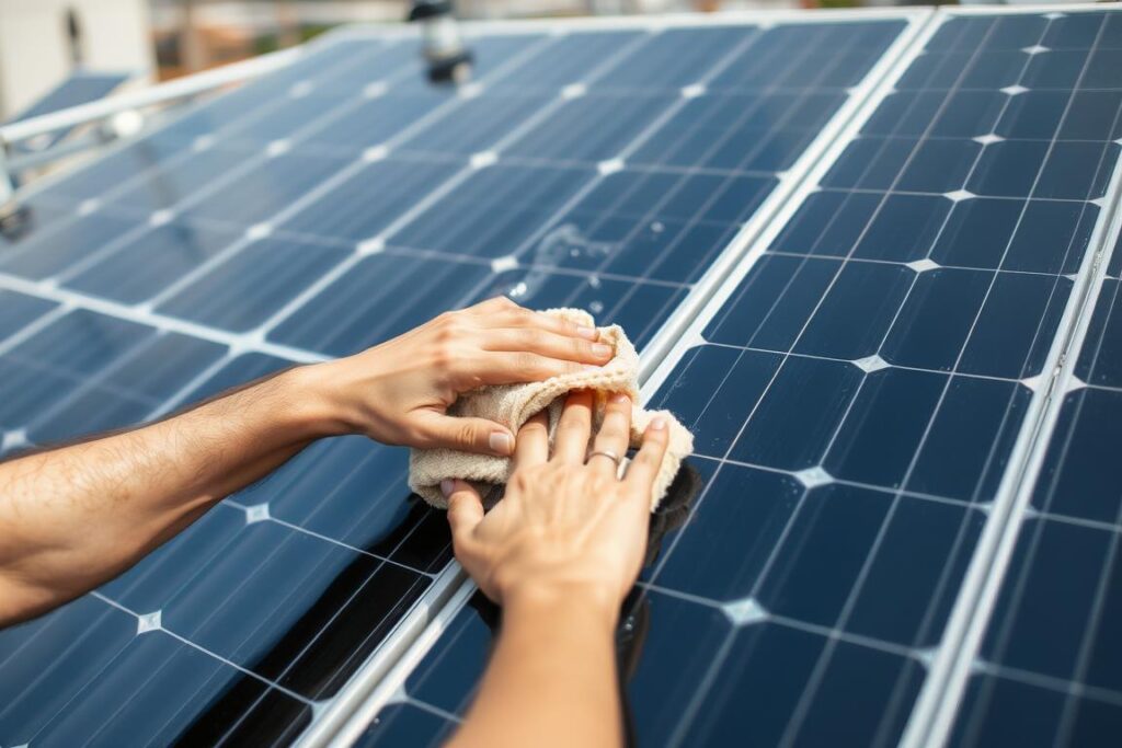 Person reinigt Solarmodule eines Balkonkraftwerks