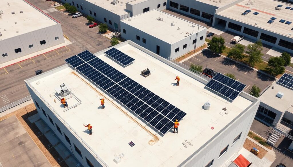 Photovoltaikanlage auf einem Gewerbedach mit Blick auf die Unterkonstruktion und Montagesysteme - Checkliste PV-Planung für Gewerbe