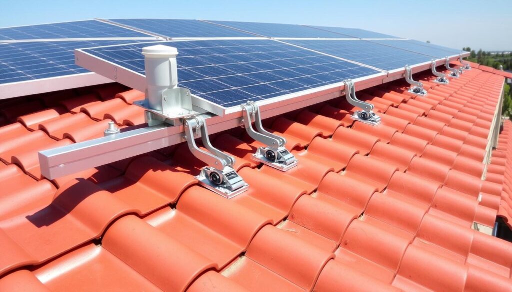 Photovoltaikanlage auf einem Ziegeldach mit sichtbarer Unterkonstruktion