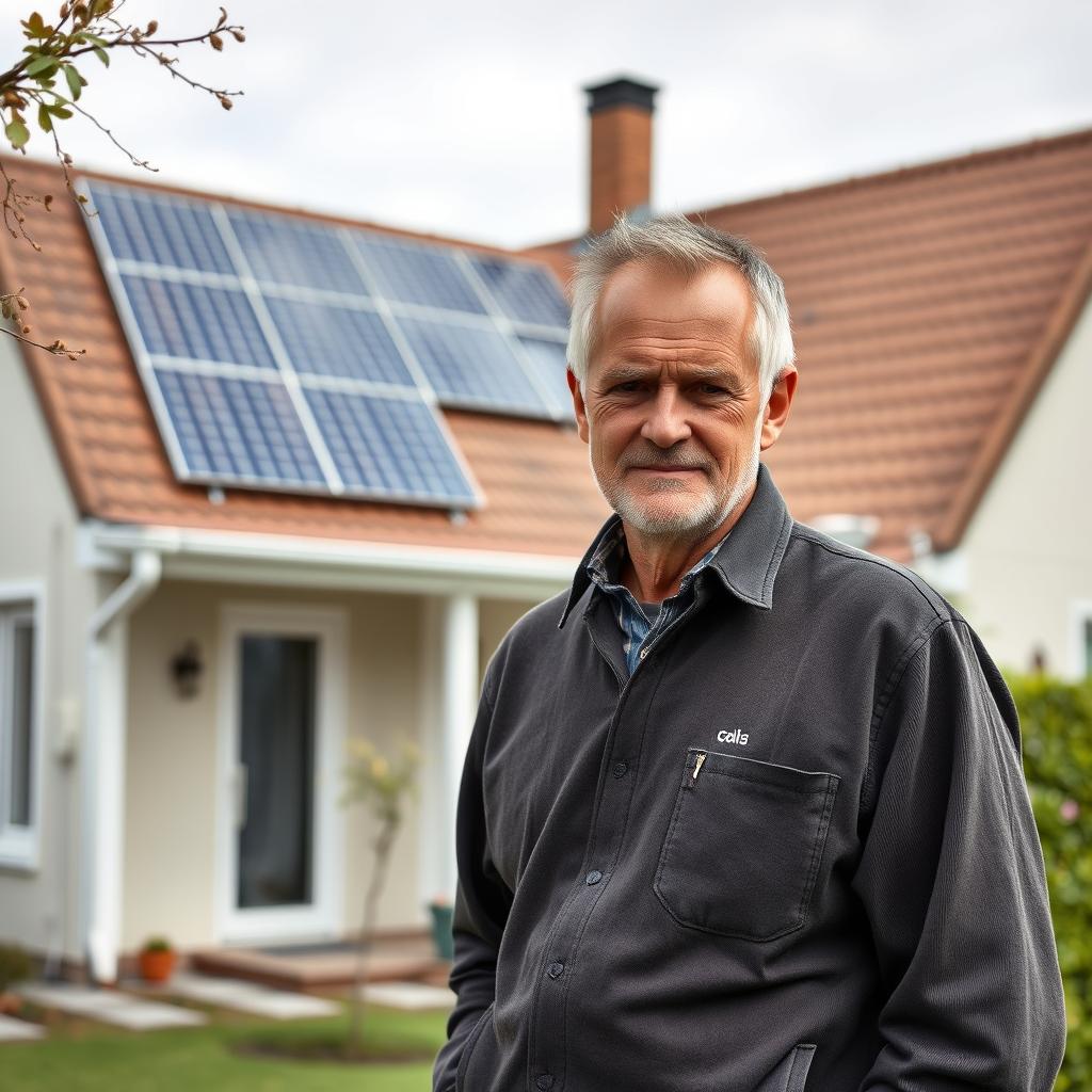 Portrait eines Hausbesitzers vor seiner selbst installierten PV-Anlage