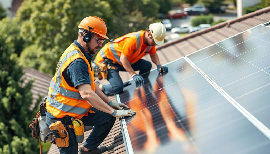 Professionelle Installation einer PV-Anlage durch ein Fachteam mit spezieller Ausrüstung