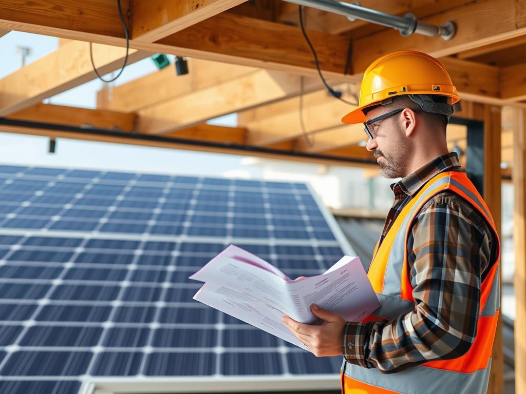 Prüfer bei der Abnahme einer PV-Anlage mit Fokus auf Statik und Schneelast