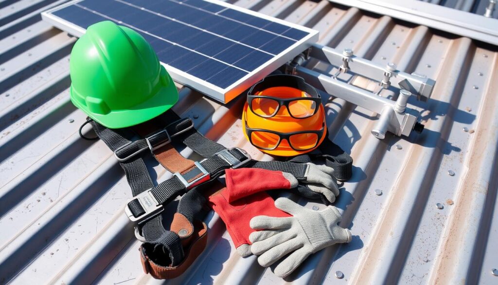 Sicherheitsausrüstung für die Arbeit auf dem Metalldach bei der PV-Unterkonstruktion Montage
