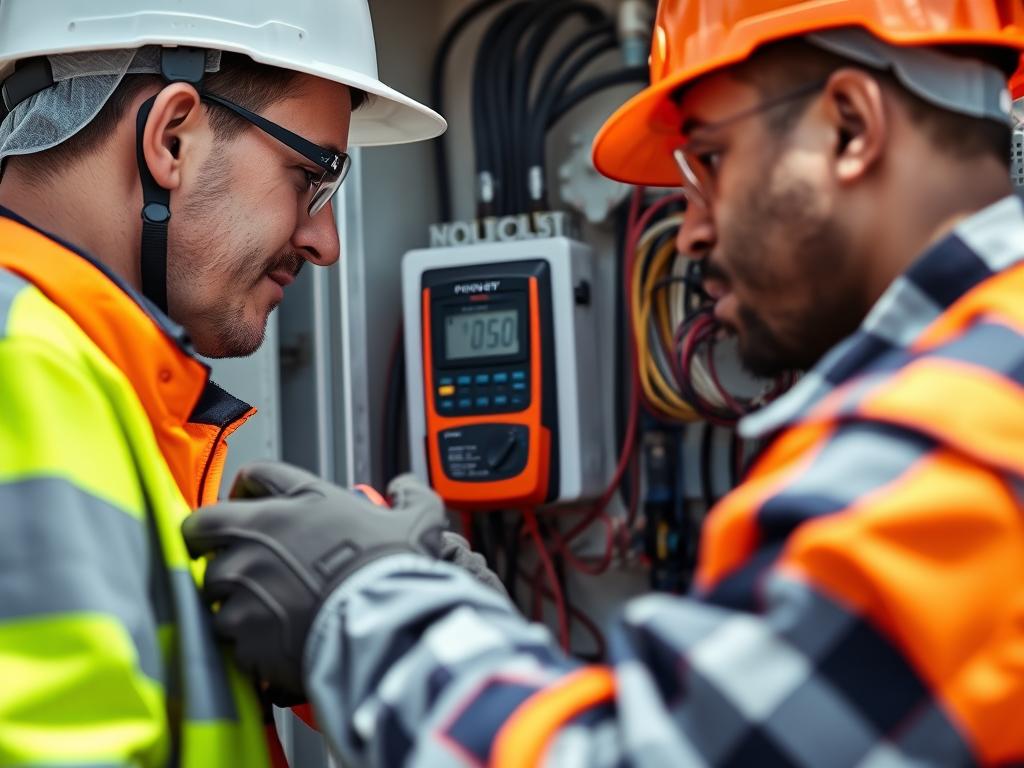 Techniker bei der Prüfung einer PV-Anlage vor der Inbetriebnahme mit Netzbetreiber