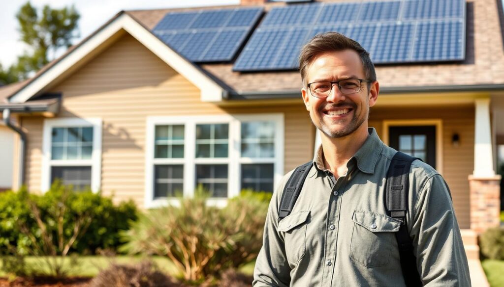 Zufriedener Kunde mit fertig installierter Solaranlage Zufriedener Kunde mit fertig installierter Solaranlage